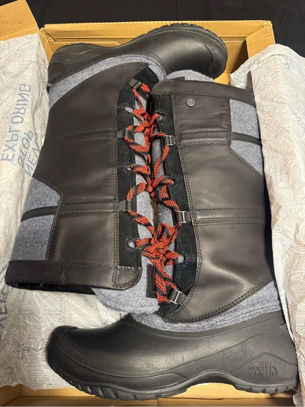 The North Face Women's Black and Gray Winter Lace-Up Boots with Red Accents